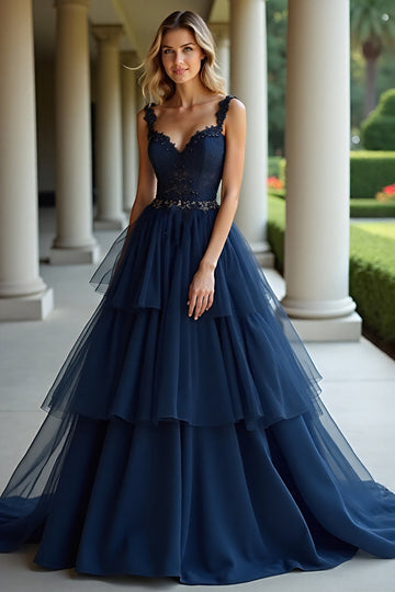 Navy A Line Spaghetti Stropper Lagdelt Blonder Lang Ballkjole